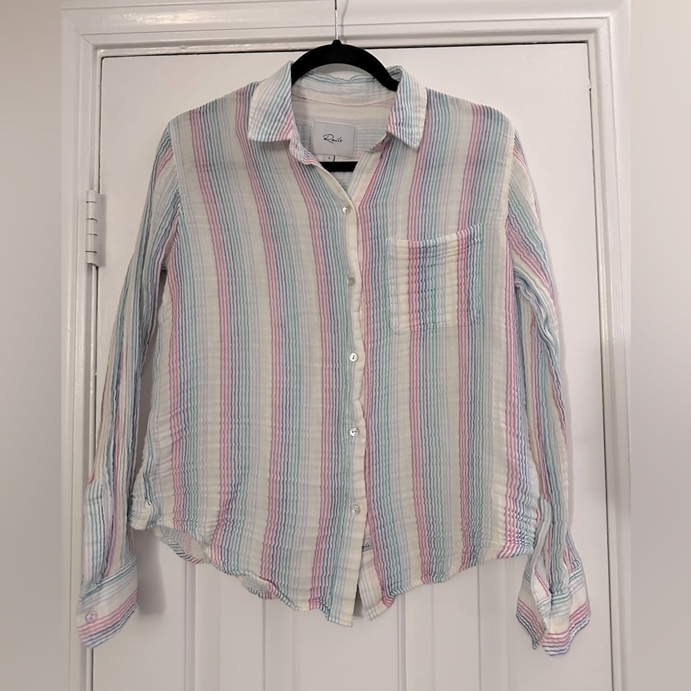 RAILS Rainbow Ellis Iris Striped Soft Gauze Long Sleeve Button-Down Shirt Small - Picture 2 of 5